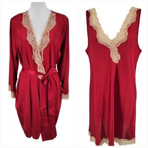 Morgan Taylor Intimates Gown and Robe Set L / XL Lace Trim Satin Red Tan